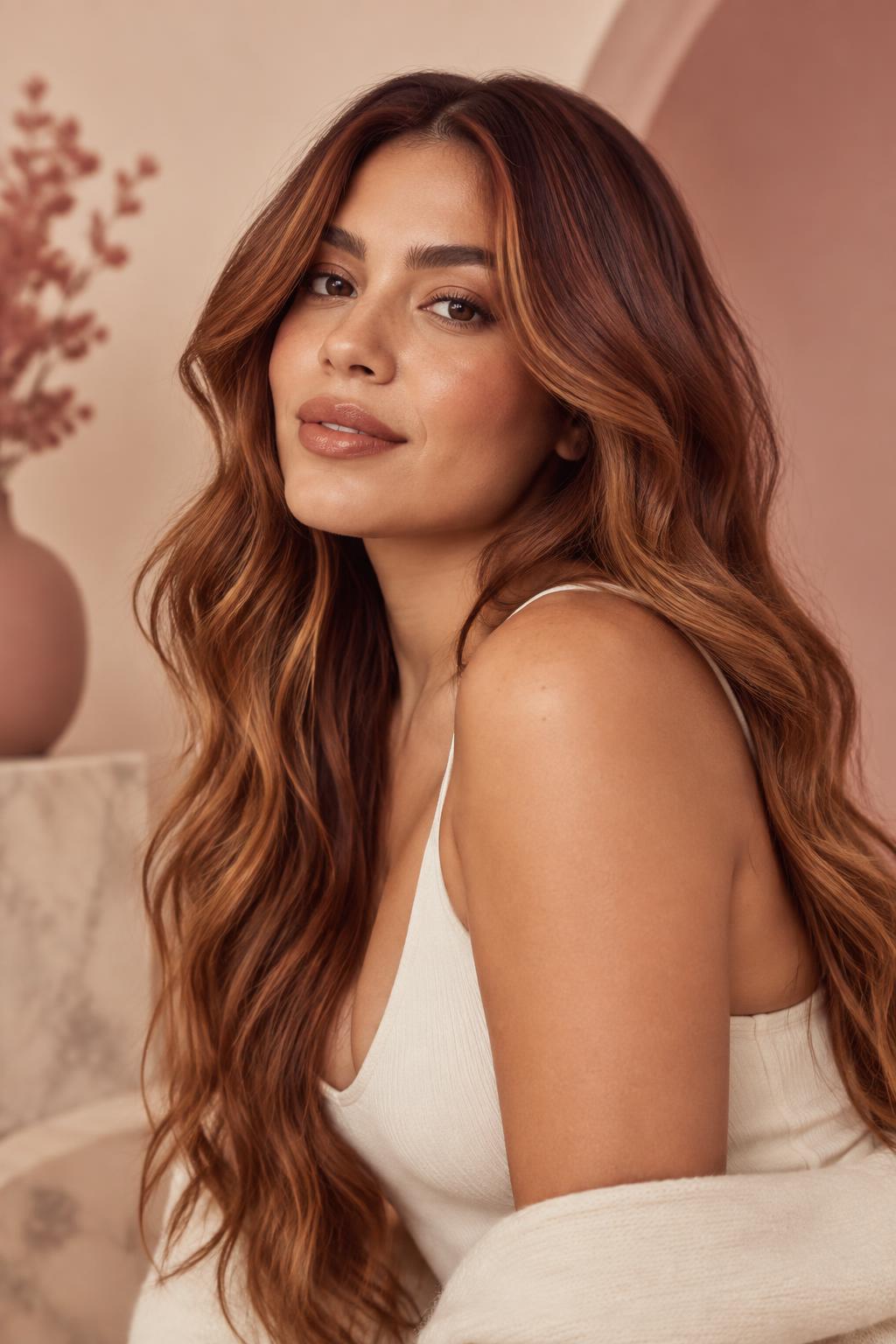 Mujer con cabello largo en tonos cobre